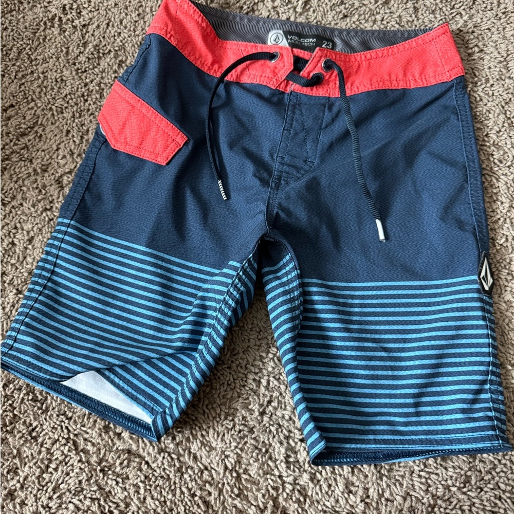 Men's Blue and Red Striped Board Shorts